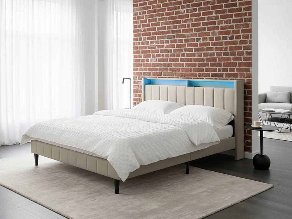 Letto matrimoniale LED Beige Tessuto EU Super King Size 160 x 200 cm Testiera imbottita con porta USB Desing moderno