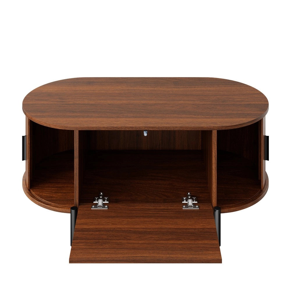 Tavolino da Caff¨¨ Ovale con Rattan e Ante Scorrevoli ¨C MINIMAL ¨C Legno e Metallo con Vano Contenitore