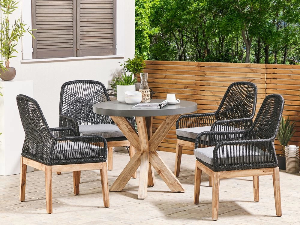 Set da Giardino Tavolo Rotondo con Effetto Marmo e 4 Sedie Nere