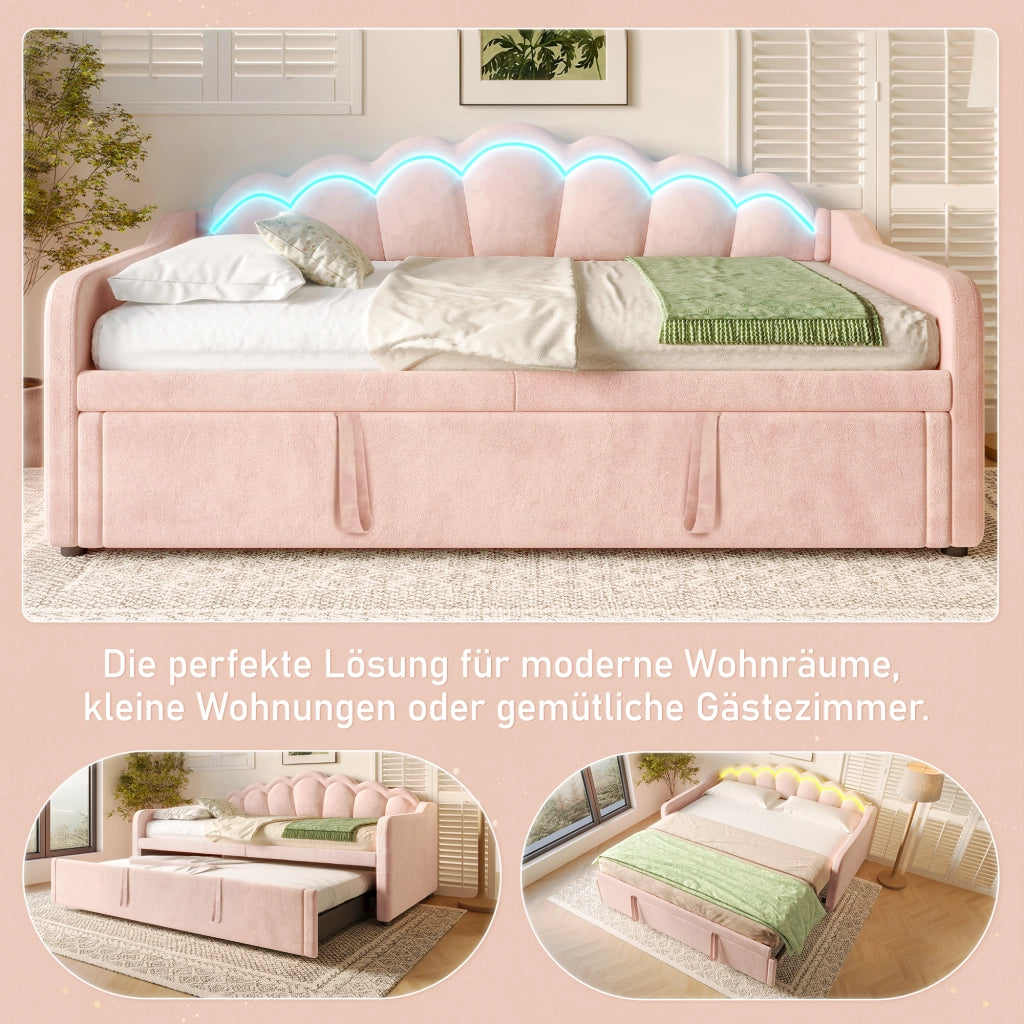 Letto estraibile 90 × 200 cm con secondo letto, LED regolabili, senza materasso, in velluto rosa