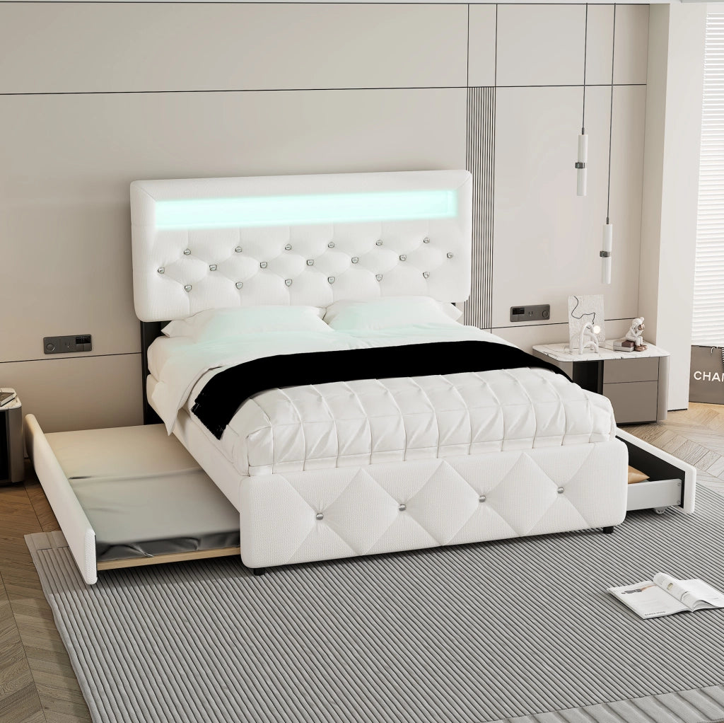 Letto matrimoniale 140x200 cm con cassetti e letto estraibile; imbottito; bianco