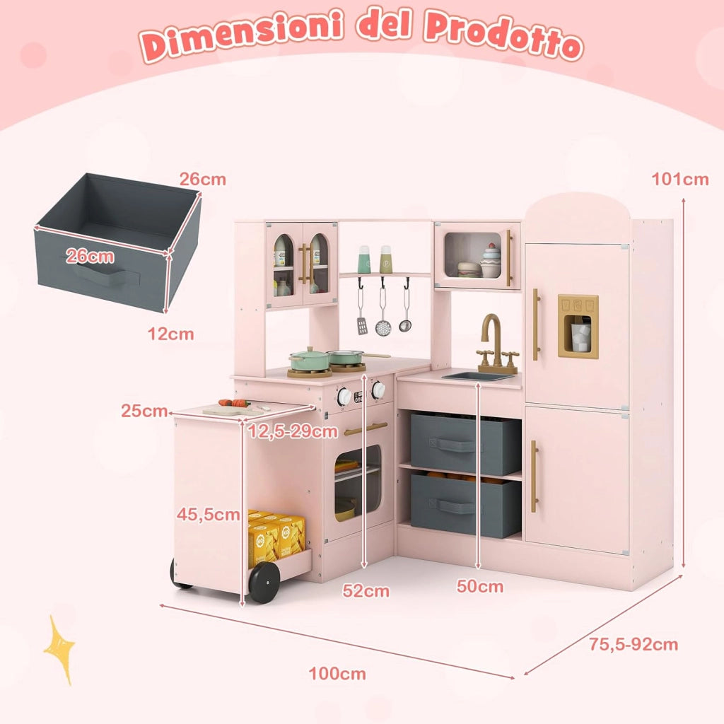 Cucina Giocattolo Angolare in Legno, Set di Cucina Giocattolo per Bambini con Lavabo, Fornelli, Forno, Frigorifero, Macchina del Ghiaccio e Accessori, per Bambini 3 Anni+ (Rosa)