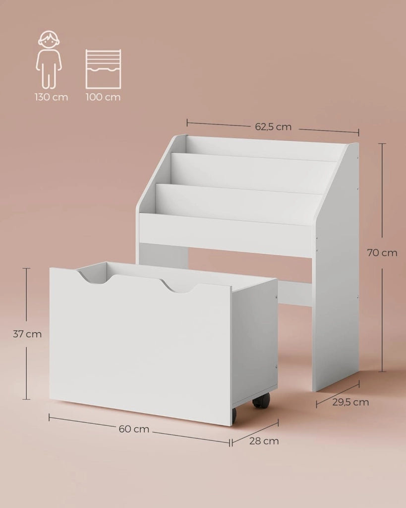 Scaffale per Giocattoli, Libreria per Bambini a 3 Scomparti, Contenitore Portagiochi Estraibile con Ruote, Multiuso, per Cameretta e Stanza dei Giochi, Bianco Nuvola GKR041W10