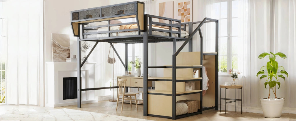 DESMIU Letto a soppalco 140 × 200 cm 2 posti con scala di sicurezza e ripiano rimovibile, senza materasso, nero