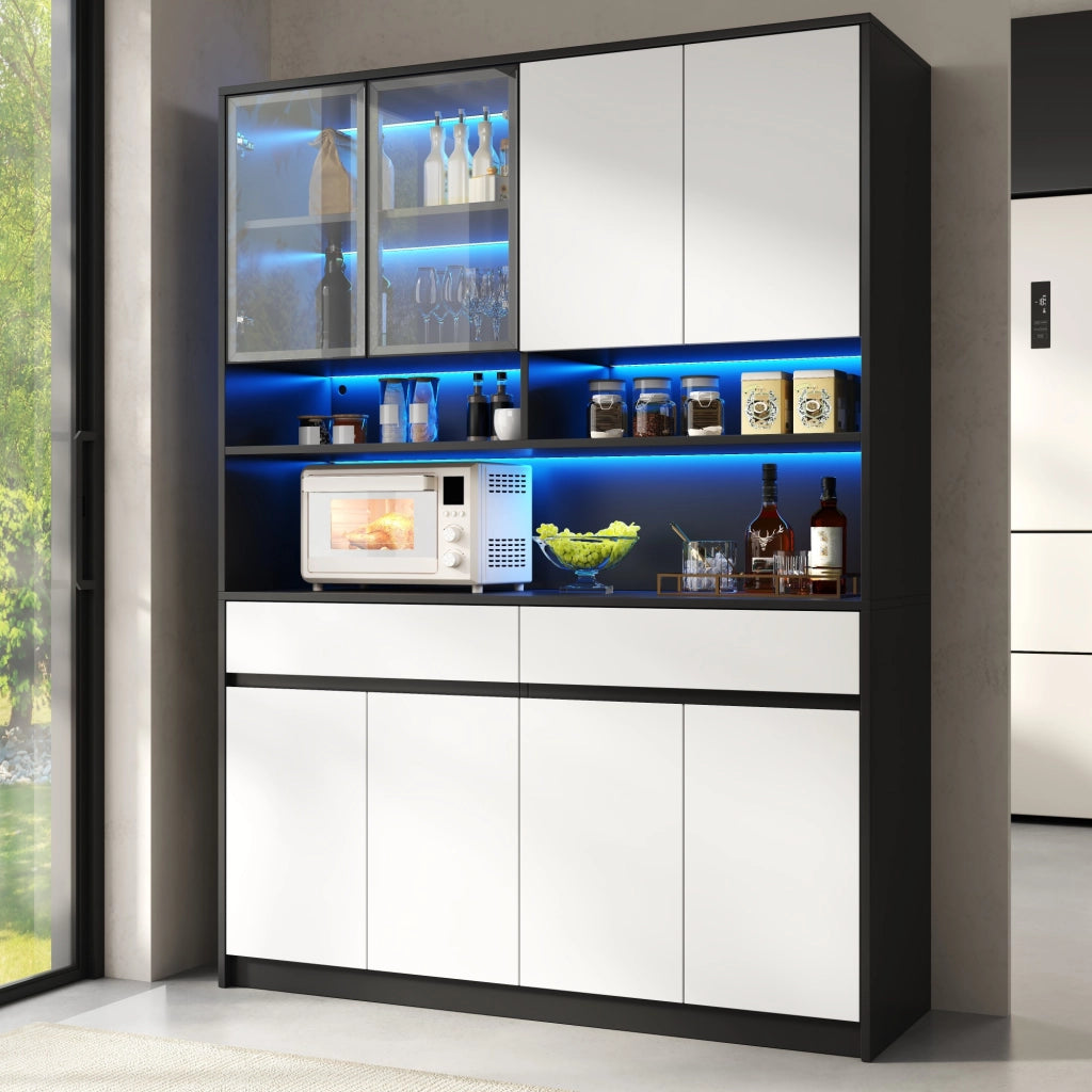 Credenza alta LED con 8 ante, 2 cassetti e ripiani aperti per cucina, in MDF nero e bianco, 120 × 38 × 160 cm