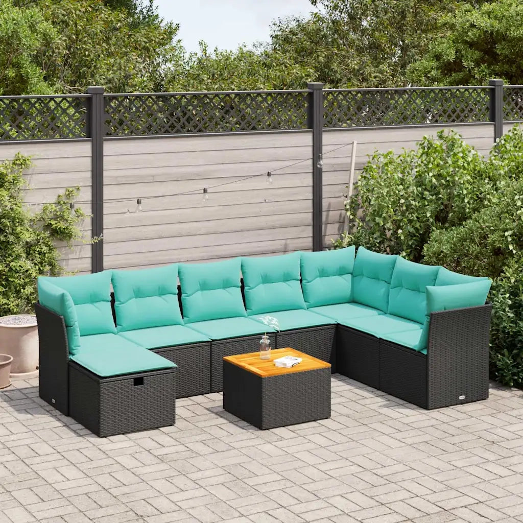 Set Divani da Giardino 9 pz con Cuscini Nero in Polyrattan