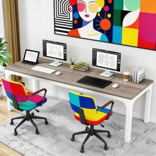 Scrivania rettangolare per computer per 2 persone, 200x70 cm, struttura in metallo e legno, taupe/bianco