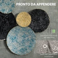 Decorazione Murale in Metallo 3D, Wall Art a Cerchi 133x66cm, Blu, Nero e Oro