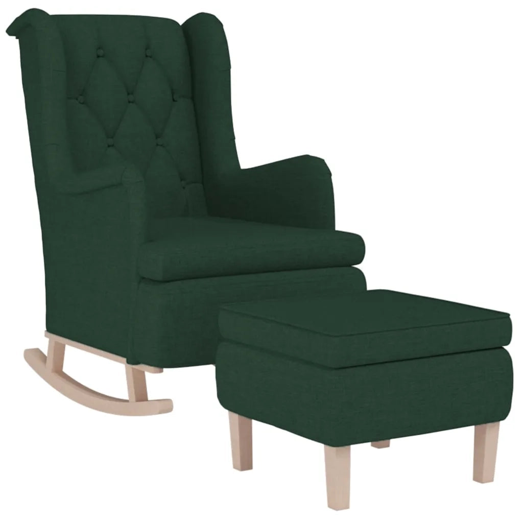 Poltrona con Gambe a Dondolo e Sgabello Verde Scuro in Tessuto