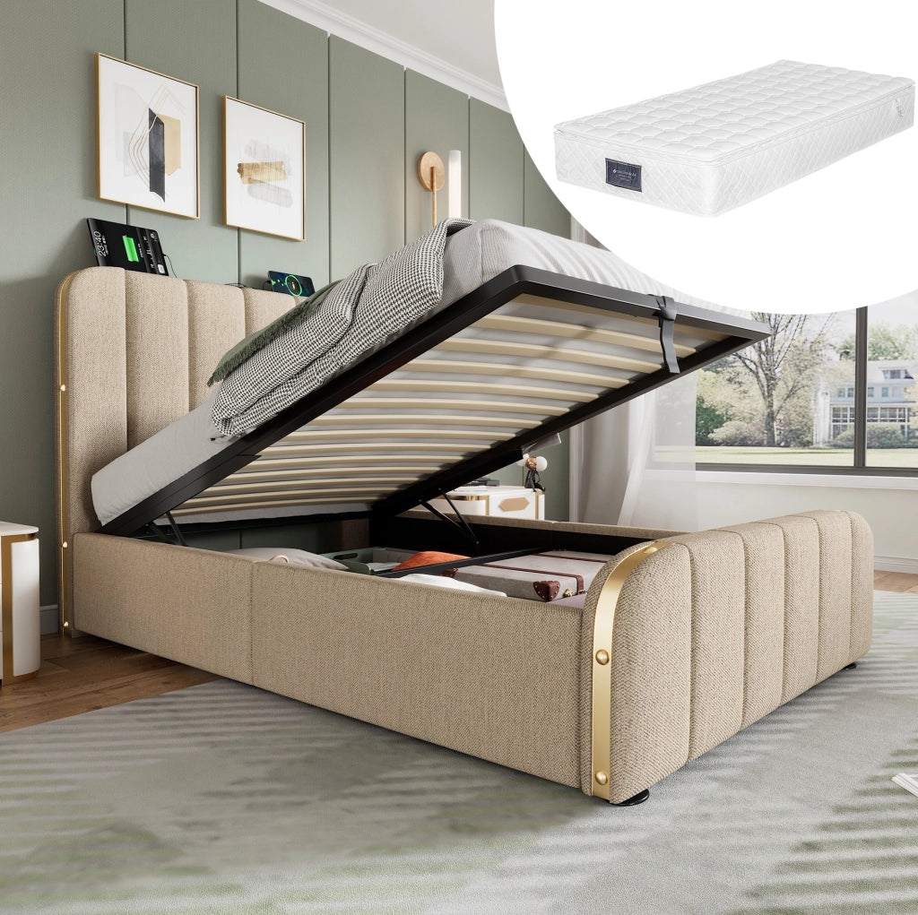 Letto singolo imbottito ULEVR 90x200 cm con vano contenitore idraulico, USB e Type-C, lino beige