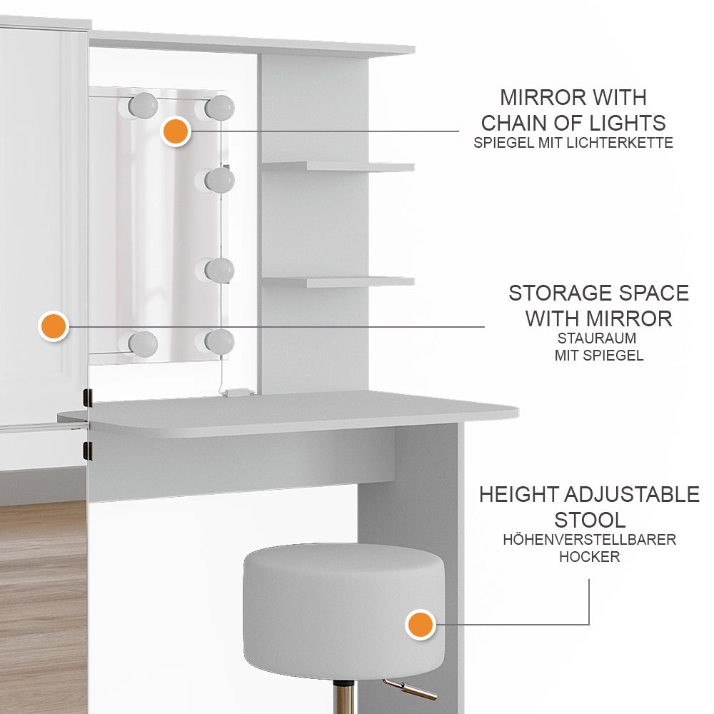 Vicco Tavolo da toeletta Bianco 123 cm con illuminazione LED e sgabello