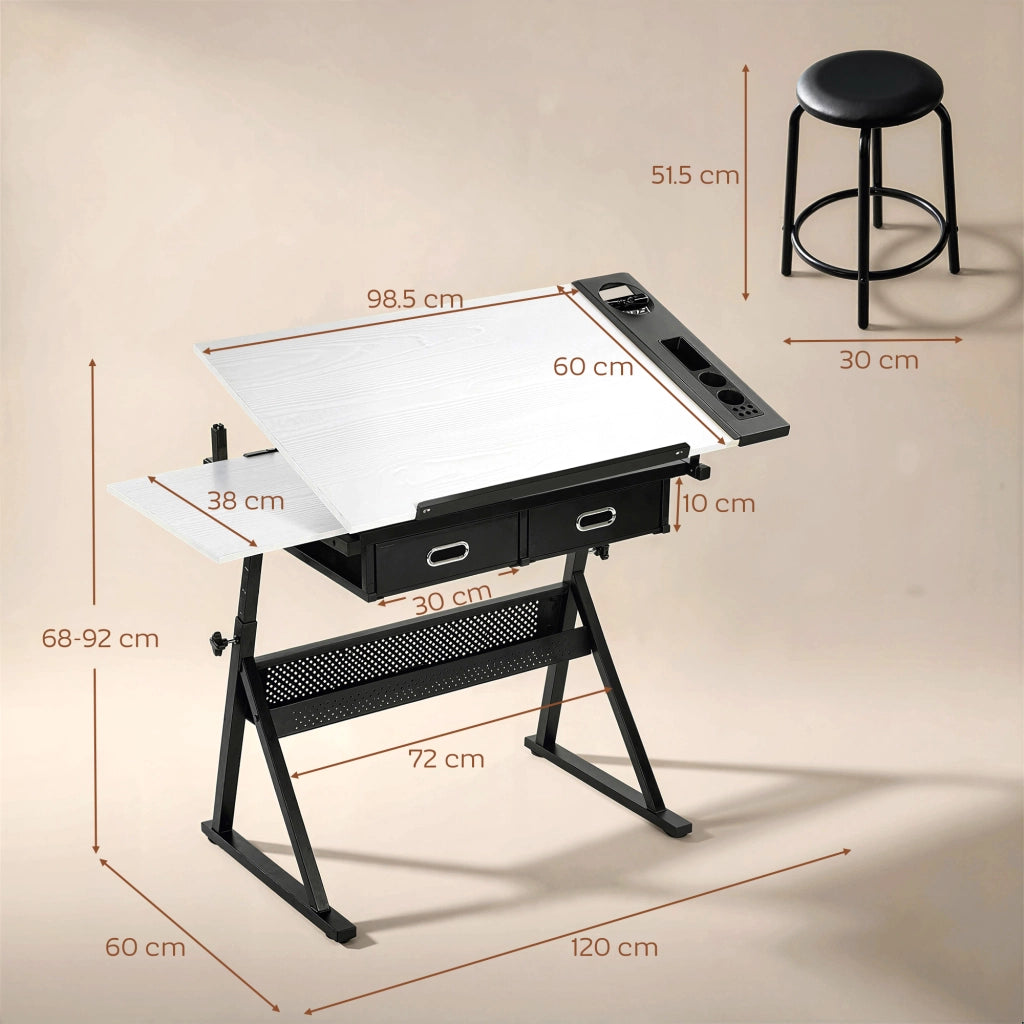 Tavolo da Disegno Regolabile 120x60x92 cm Scrivania e Sgabello per Disegno in MDF Metallo e PU Bianco