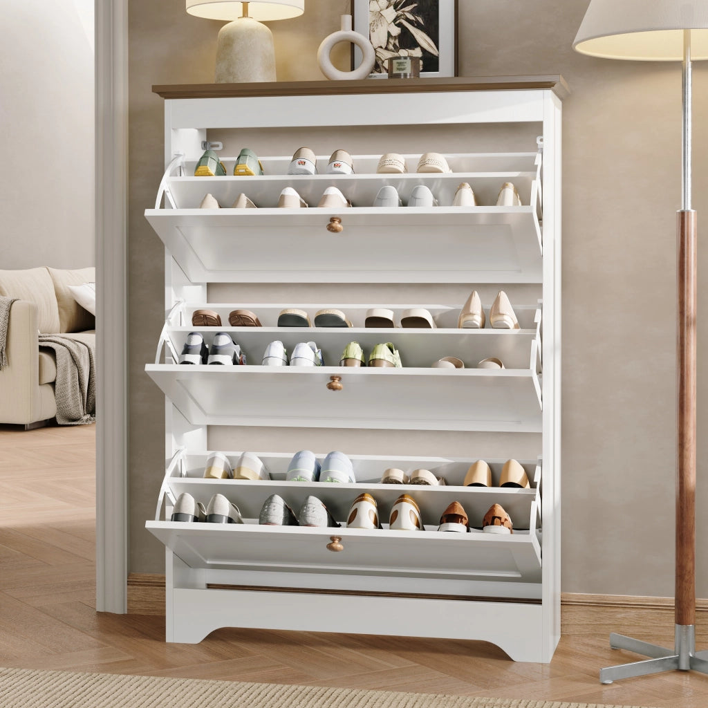 Mobile Scarpiera con 3 Ante a Ribalta; Piano Marrone e Maniglie Rotonde; Stile Country; in MDF; Bianco; 87×26×120 cm