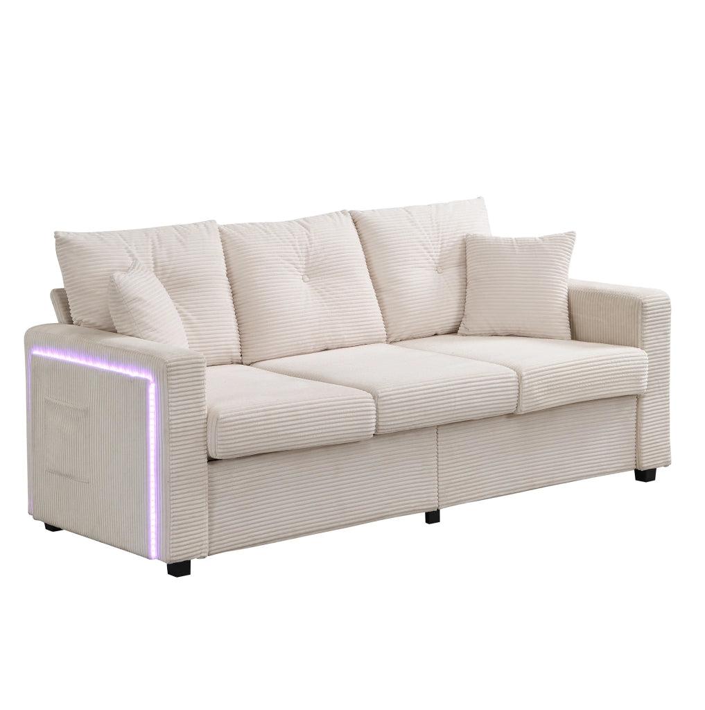 Divano angolare L-form con LED, pouf multifunzione, tessuto a coste beige