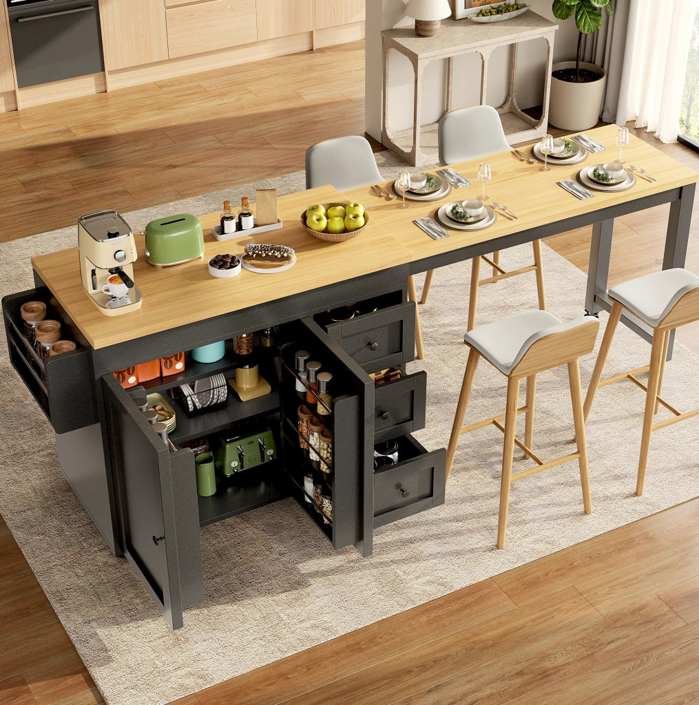 Isola da cucina mobile estensibile nera con 3 cassetti