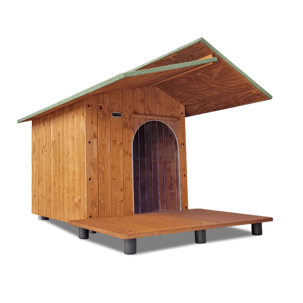CUCCIA IN LEGNO PER CANI DA ESTERNO MODELLO ALPI CON PENSILINA E DAVANZALE  CON "TENDINA OMAGGIO" L.60 x P.85 x H.48