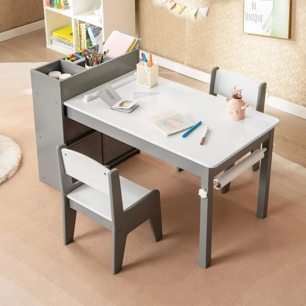 Set tavolo e sedie per bambini con 2 sedie-Set Tavolino per bambini per stanza giochi Grigio e Bianco