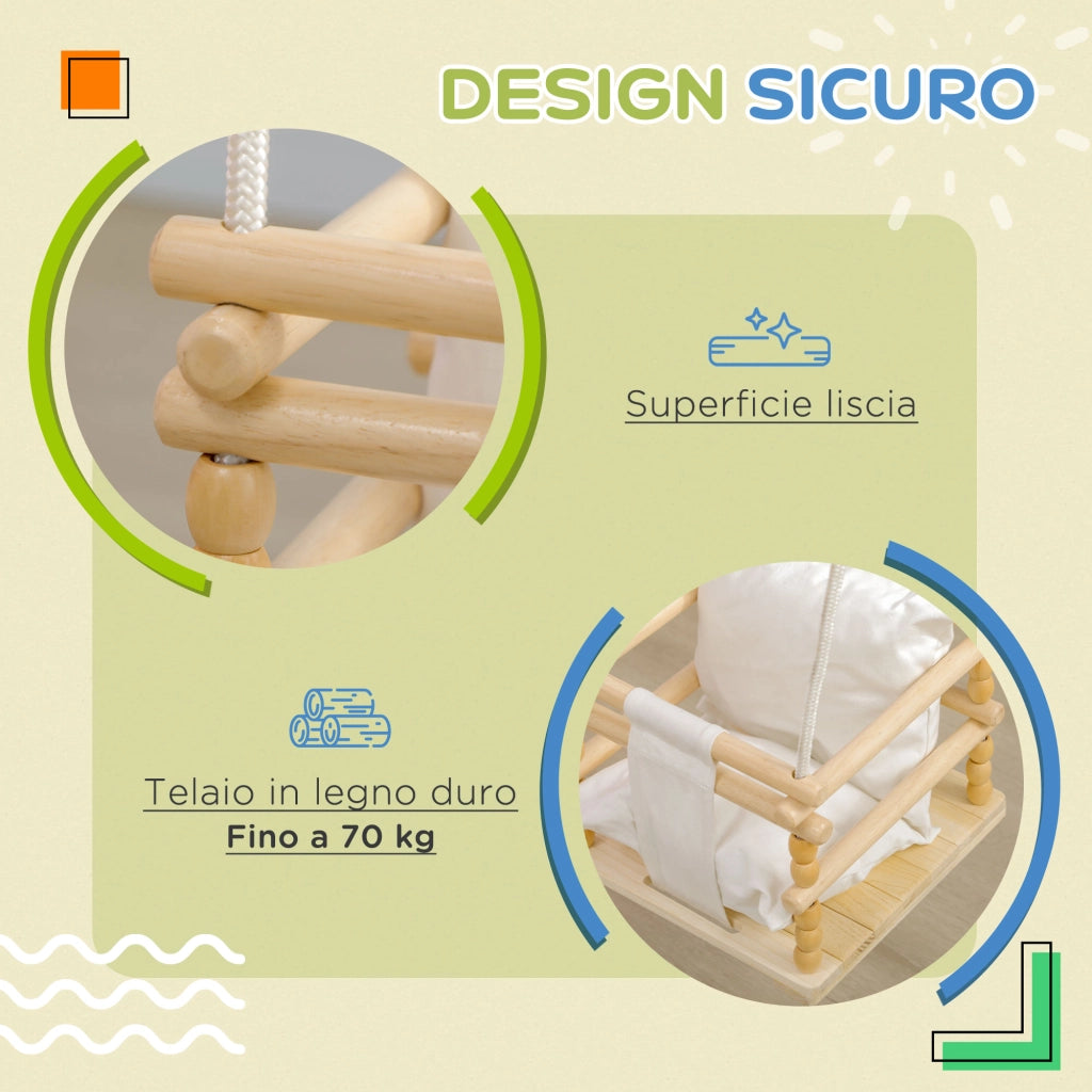 Altalena Bambini in Legno e Cotone con Cuscino Regolabile ¨C zephmum ¨C 30x30x110-180 cm