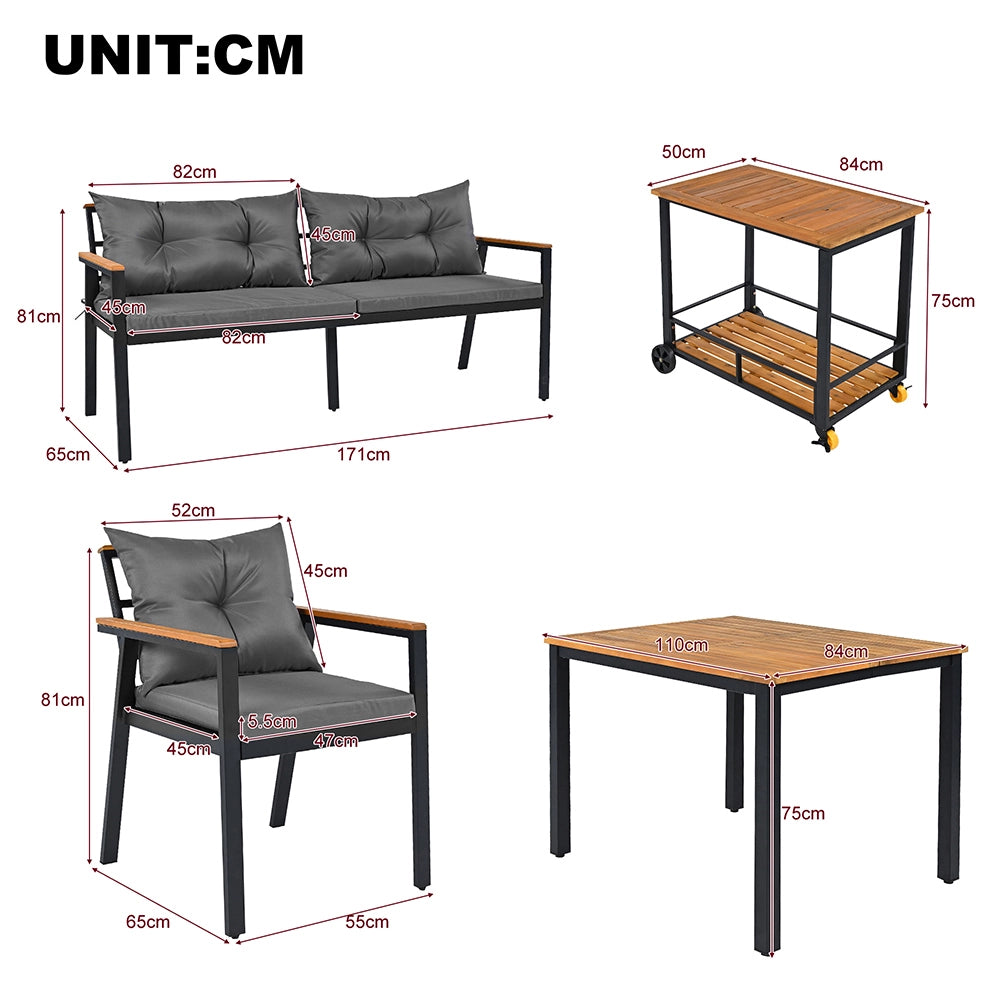 Set da giardino in acacia 6-7 posti - Xylo - Sedie + carrello pasti con fodere lavabili