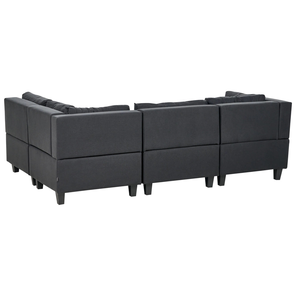 Divano componibile 4 posti imbottito in tessuto nero con gambe nere schienale imbottito lato sinistro con pouf stile moderno
