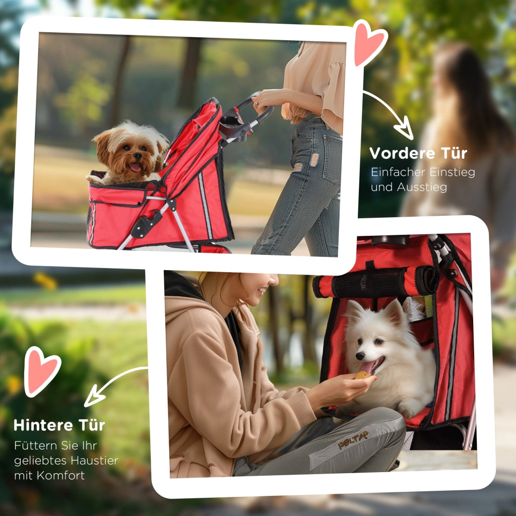 Carrello per animali domestici pieghevole per cani e gatti ¨C zephmum ¨C Rosso con cuscino, finestre a rete e portabottiglie