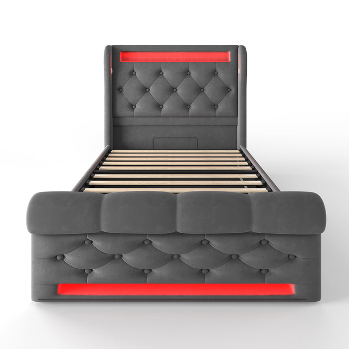 Letto singolo-Xylo-90x200 cm-LED, USB-C, idraulico, velluto grigio