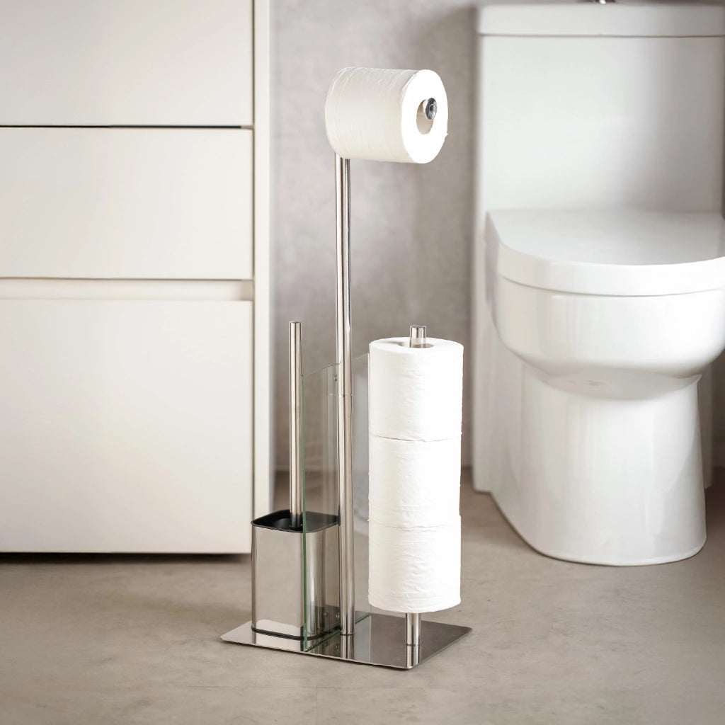 Accessori Bagno da Terra in Acciaio Inox – Piantana Porta Rotolo Carta Igienica con Scopino Water / Porta Salviette Multibraccio – Design Moderno Antiruggine, Base Stabile, Facile da Pulire Modello Carlo