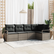Set di divani da giardino con cuscini grigi in polyrattan  5 pezzi