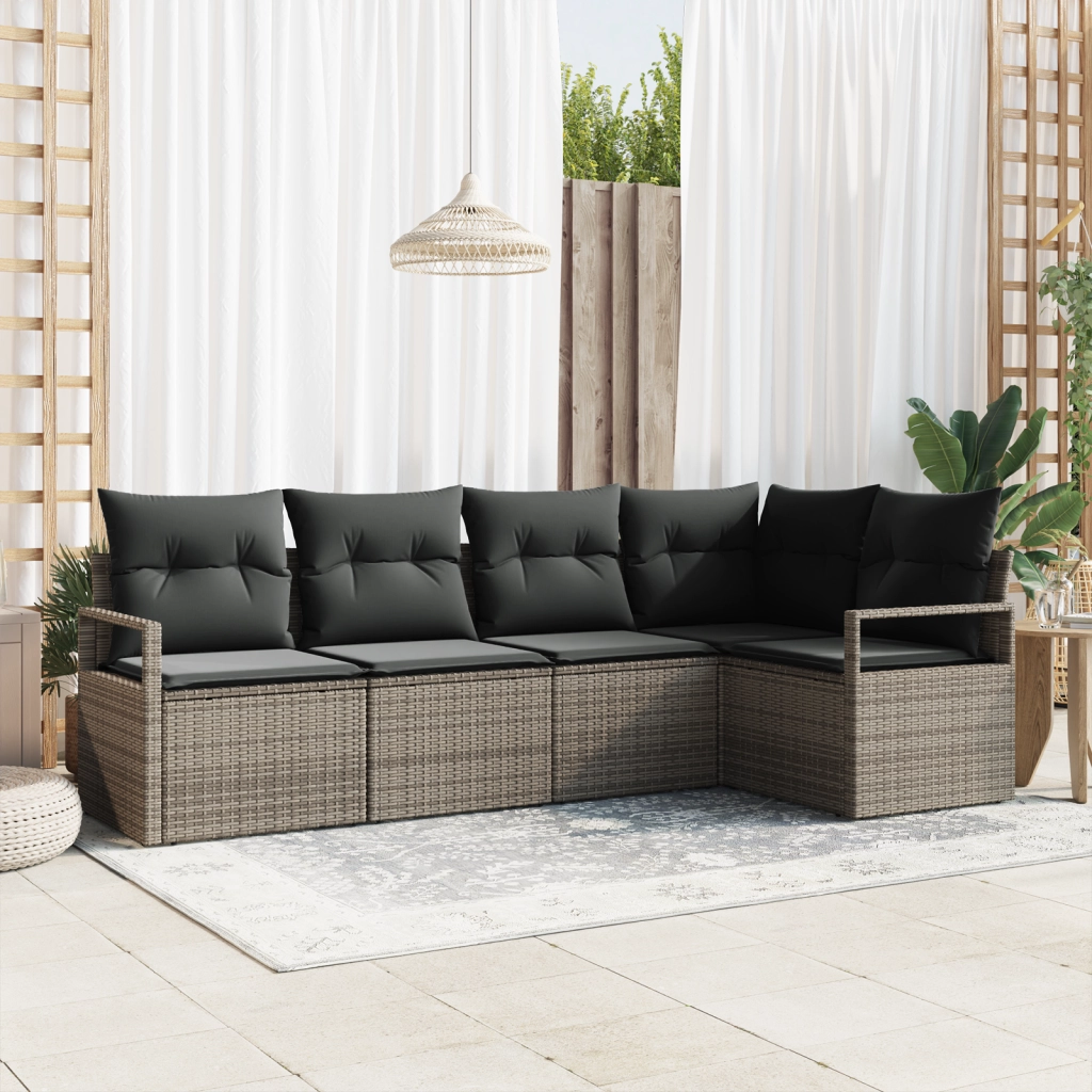 Set di divani da giardino con cuscini grigi in polyrattan  5 pezzi