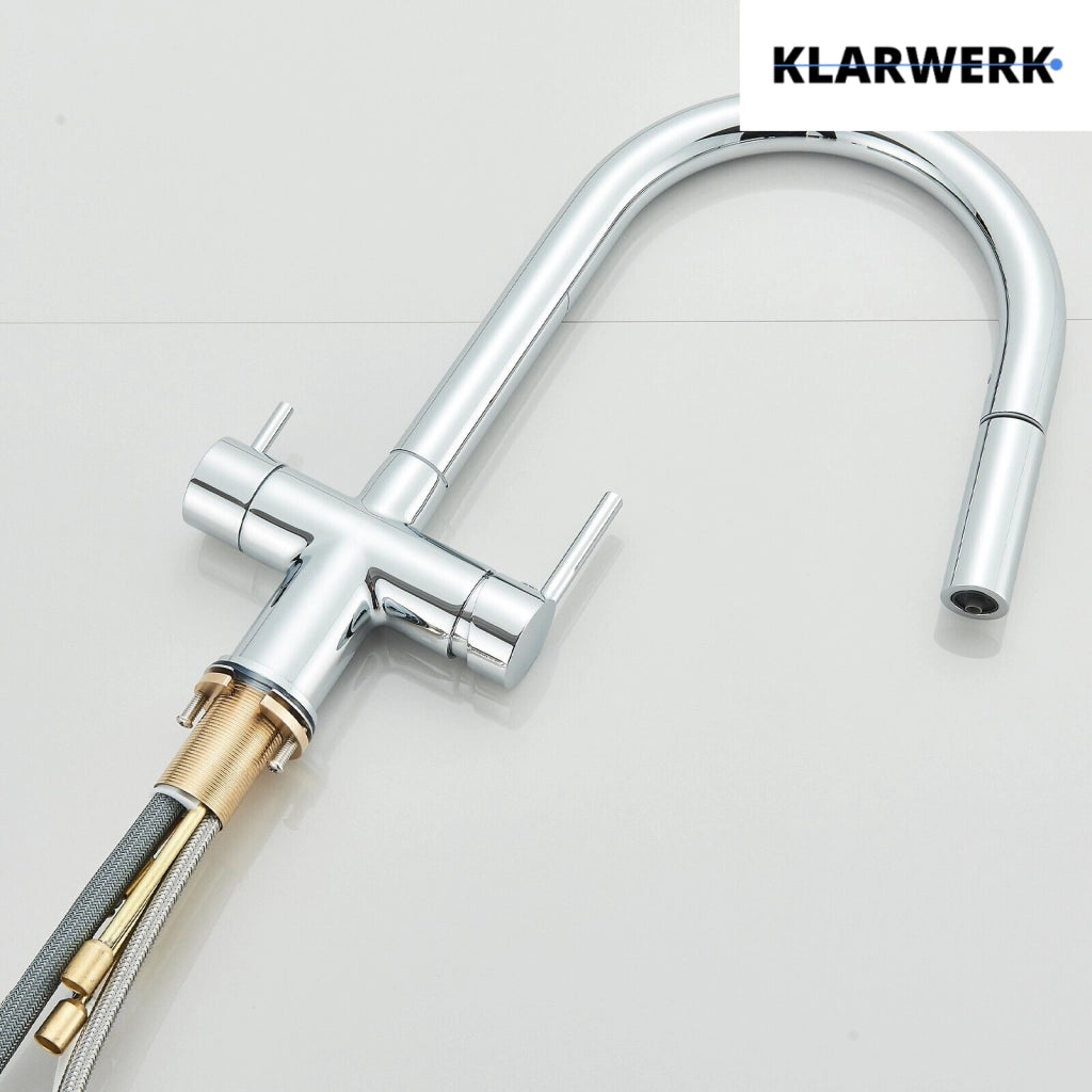 Jana | Rubinetto estensibile premium a 3 vie cromato lucido | Rubinetto osmosi da cucina in acciaio inox |. Filtro 3 connessioni ad arco alto