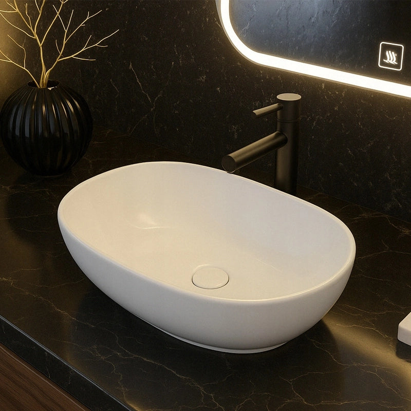 Lavabo da appoggio in ceramica bianco ovale grande lucido 49 x 35 cm