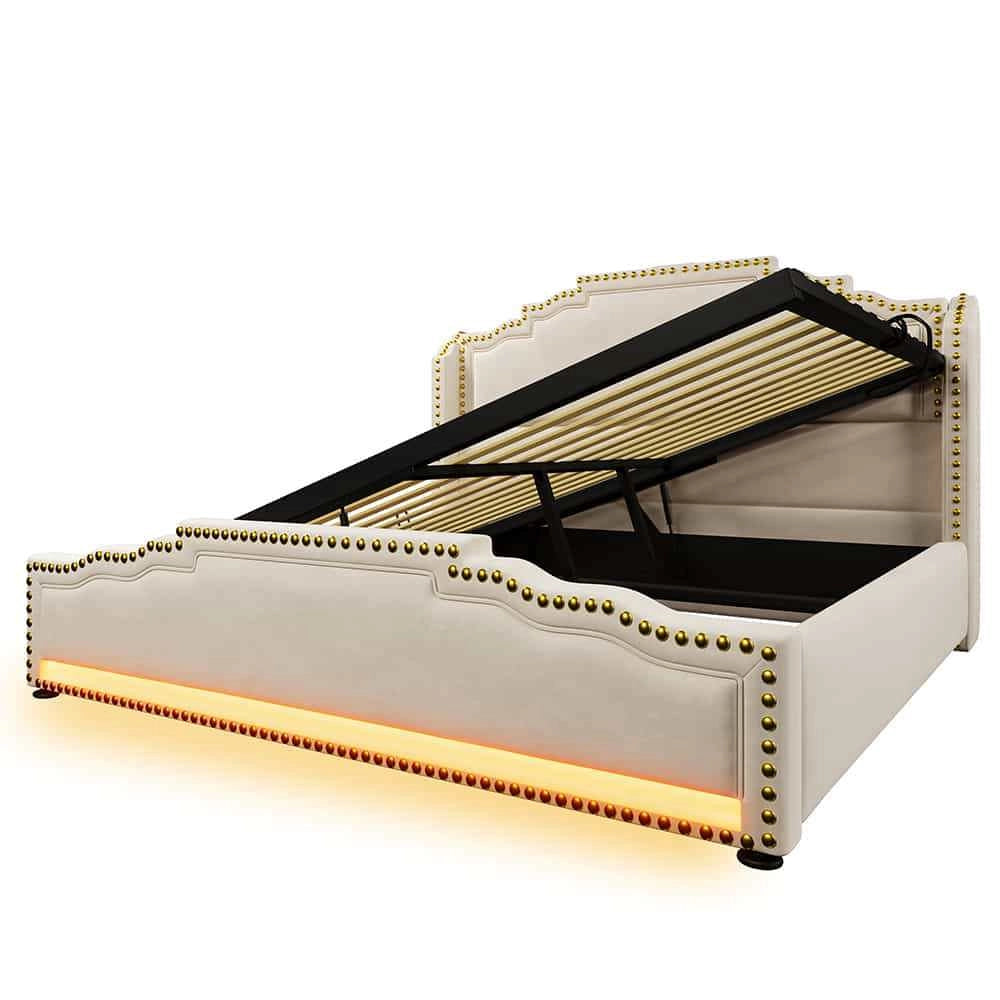 Letto matrimoniale-Xylo-160x200 cm-idraulico, LED, USB-C, velluto beige, con materasso