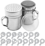 Poedersuikerstrooier a mano, 2-pack strooieri in acciaio inossidabile per zucchero, pepe, cannella, farina con forme e stencil - seta fine e grossa
