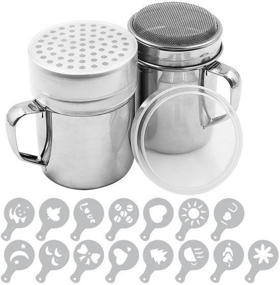 Poedersuikerstrooier a mano, 2-pack strooieri in acciaio inossidabile per zucchero, pepe, cannella, farina con forme e stencil - seta fine e grossa