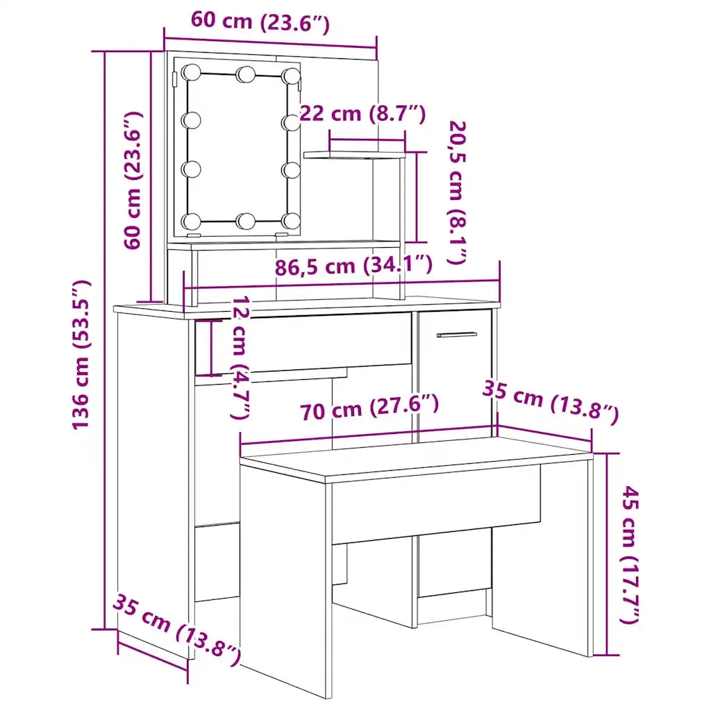 Set Tavolo da Toeletta con LED Legno Antico Legno Multistrato