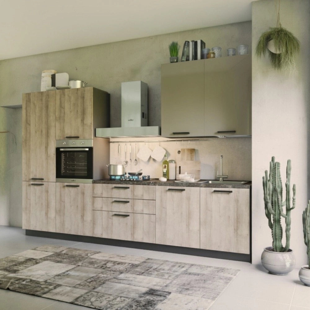 Cucina 330 cm rovere rustico e tortora lucido Durazzo Glam sinistra