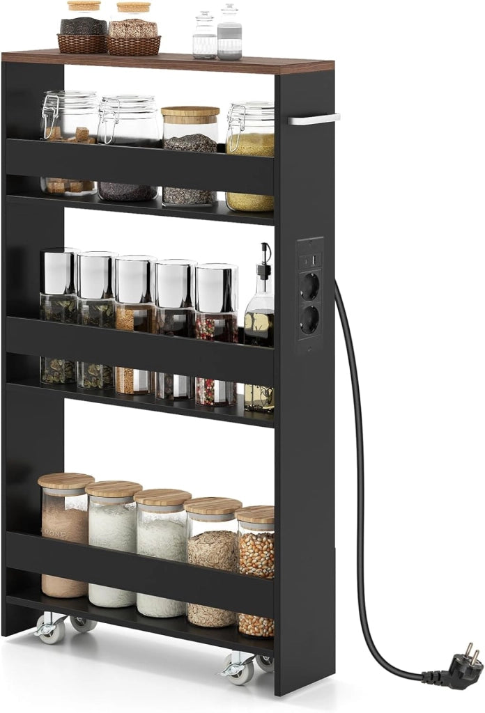 Scaffale per Nicchia da 20 cm di Larghezza, con Base di Ricarica, 4 Piani in Legno su Ruote, Scaffale Sottile per Cucina e Bagno, Carrello a Rotelle (Marrone+Nero, Largo 13 cm, con presa)