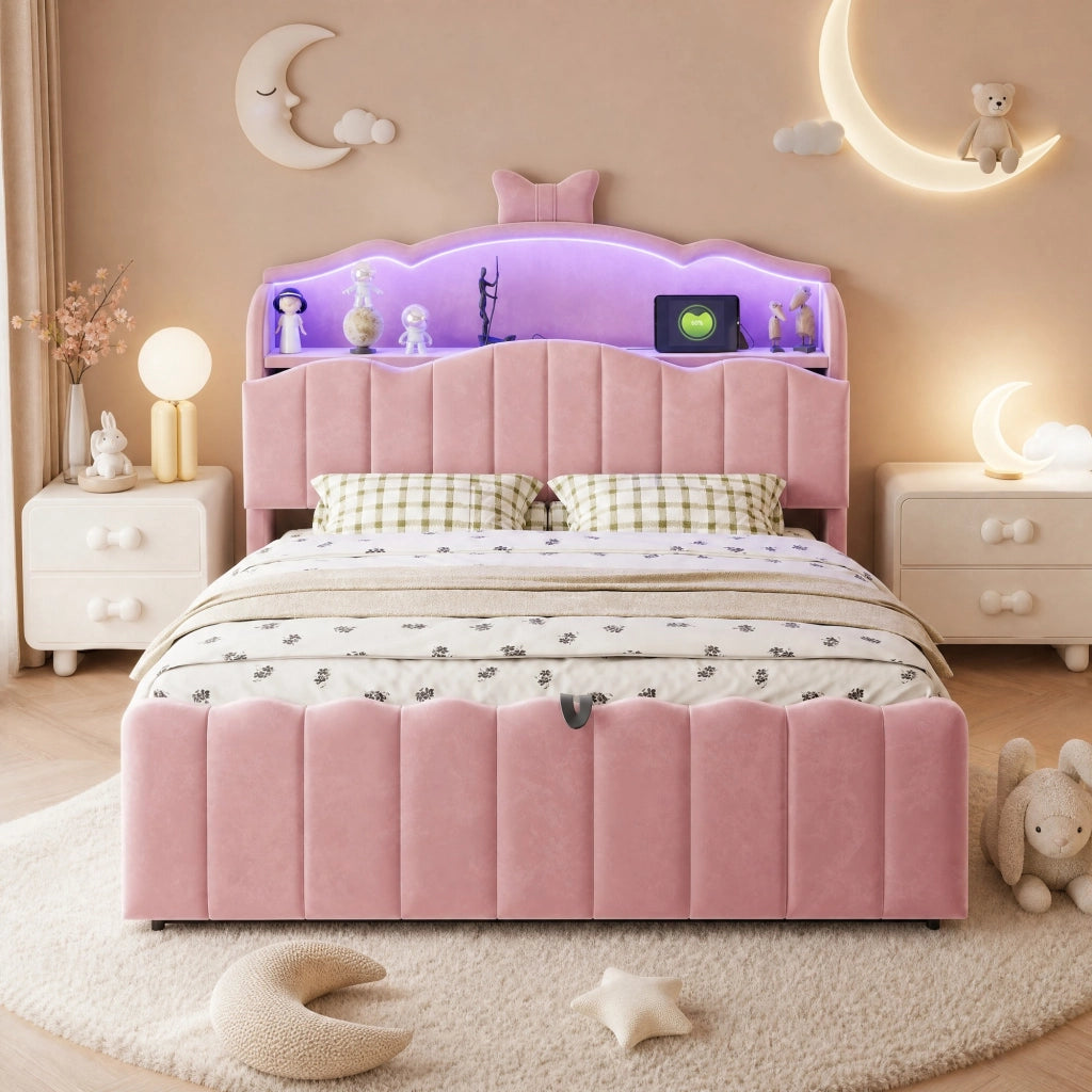 Letto per bambini 140 × 200 cm con contenitore idraulico, LED colorati, USB e USB-C, senza materasso, rosa