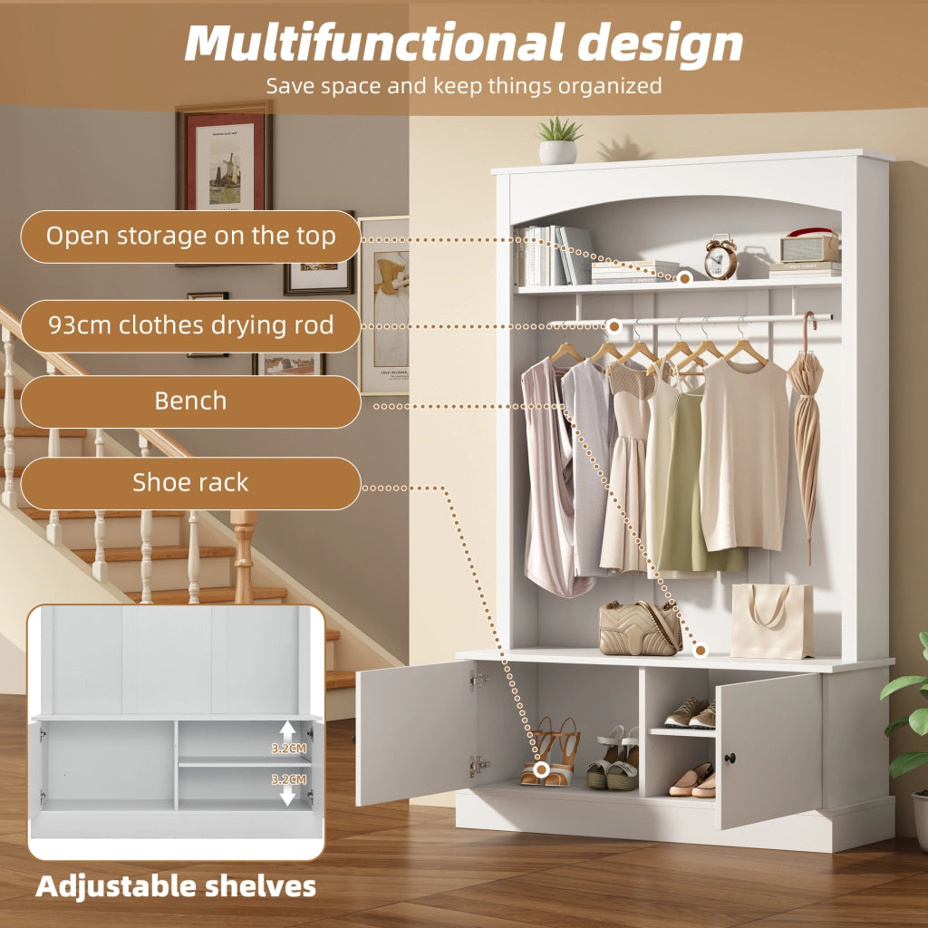 Mobili da ingresso con panca portascarpe e appendiabiti, 2 ripiani, per corridoio, bianco, 120 × 40 × 190 cm