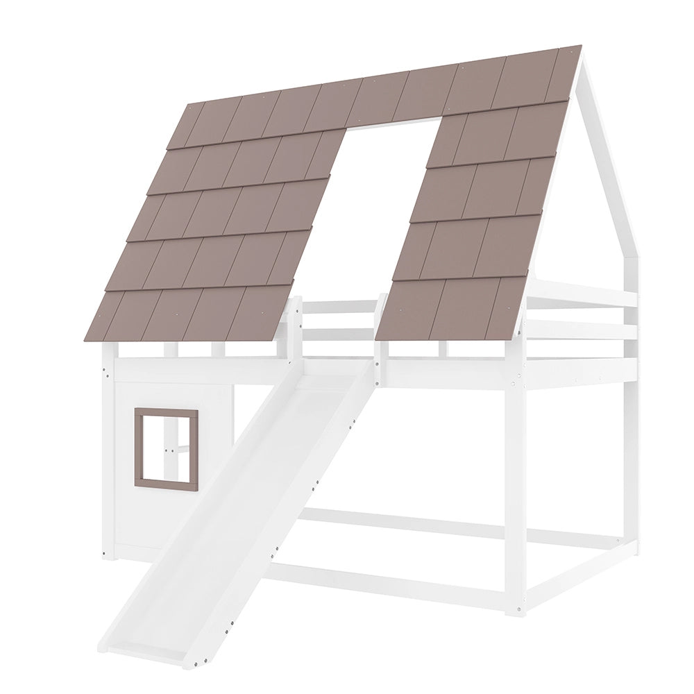 Letto a Castello con Tetto e Scivolo – Xylo – 140x200cm in Legno, Bianco/Marrone, con Scala