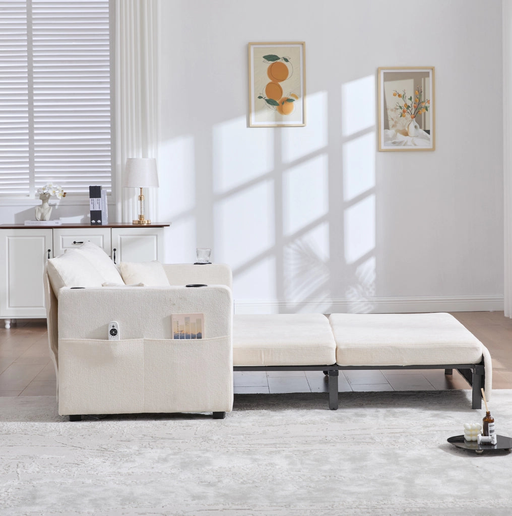 Divano letto 139x73x83 cm in ciniglia beige， salvaspazio， 2 posti