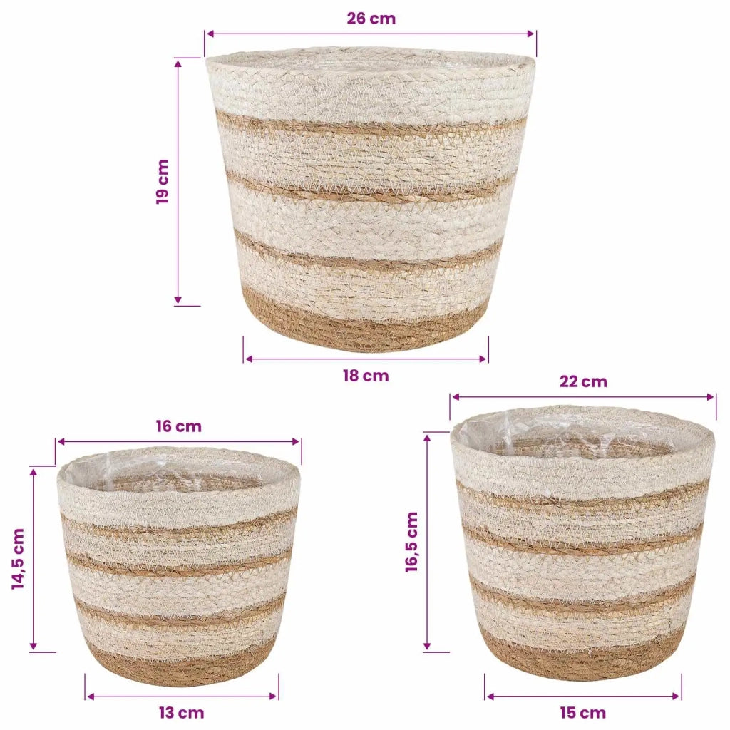 Cesti per piante in erba marina 3 pcs Naturale, Bianco e Beige