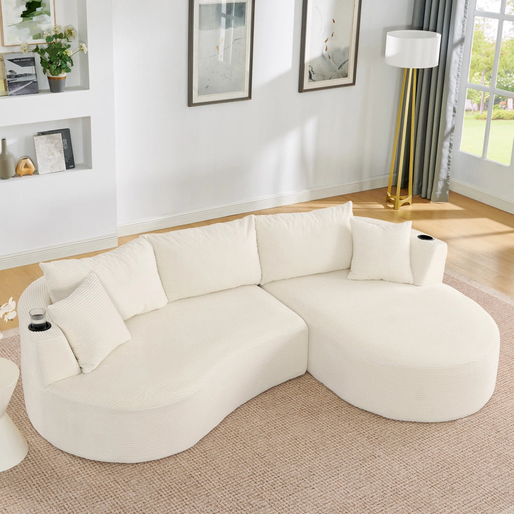 Divano Angolare 3 Posti con Chaise Longue ¨C MINIMAL ¨C Tessuto a Coste, Beige, con Cuscini e Portabicchieri
