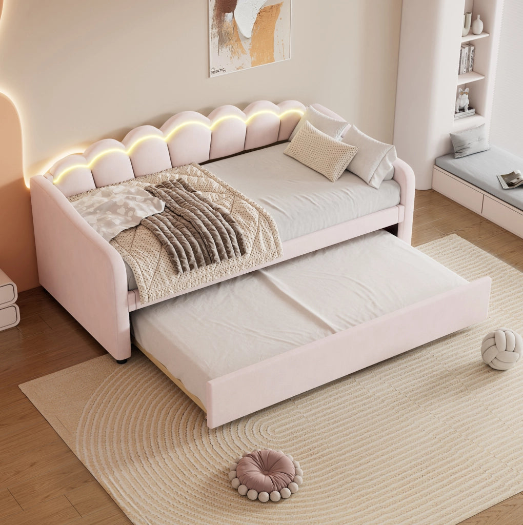 Divano letto 90x200 cm estraibile; LED; velluto; rosa (Senza materasso)