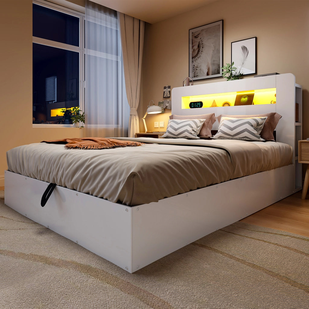 Letto Contenitore 140x200 cm e 180x200 cm con LED; prese e mensole in legno bianco