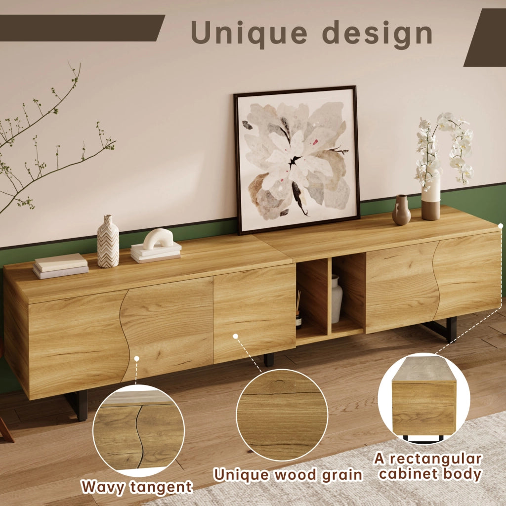 Mobile porta TV con ante curve e vani aperti in MDF e pannello truciolare naturale 191 × 38 × 46,5 cm
