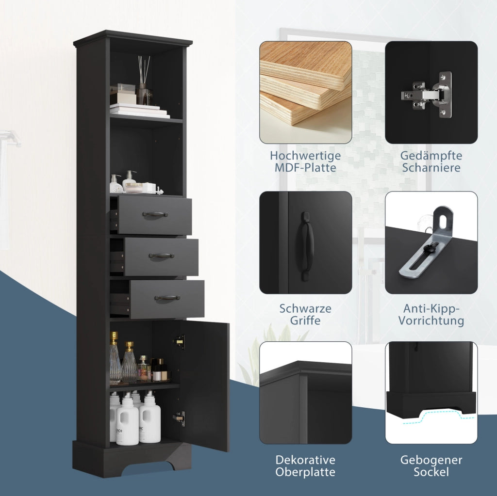 Colonna bagno 38x26x172;5 cm in MDF nero con 3 cassetti; vano chiuso e ripiani regolabili