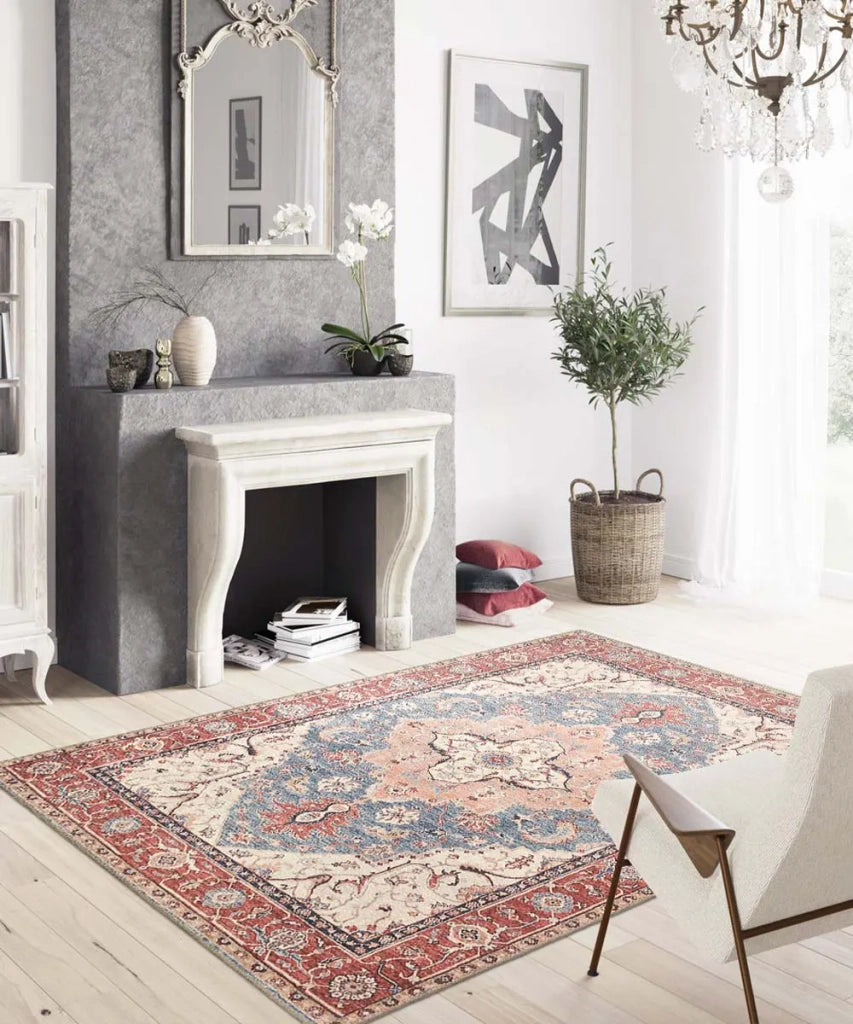 Tappeto arredo casa ORIENTAL HERIZ BLU ROSSO cm.95x150 riproduzione disegno persiano classico in stile vintage. Tappeto lavabile per salotto, soggiorno, camera da letto e ingresso.