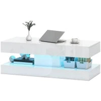Tavolino da Salotto con Cassetti e Luci LED, Tavolino da Caffè Moderno con Ripiano Aperto, Tavolino, Truciolato, Bianco