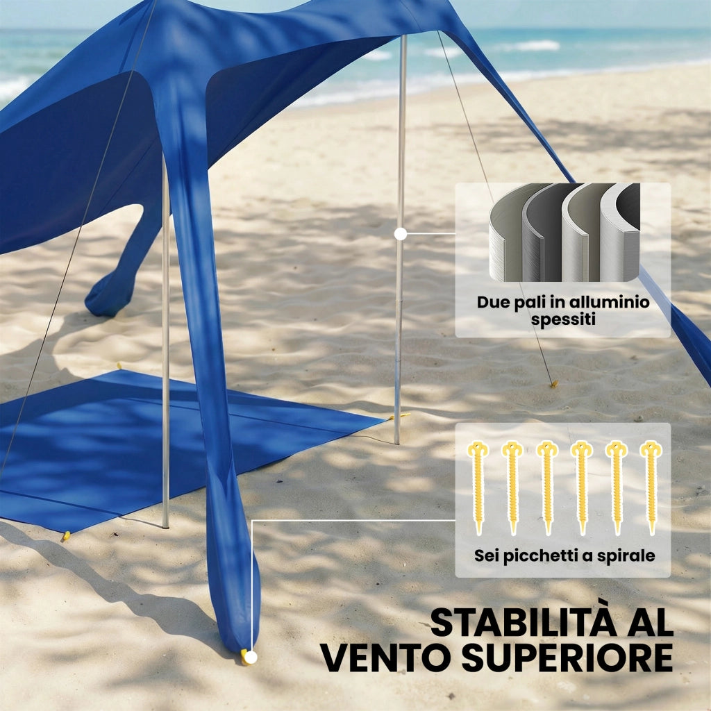 Tenda da Spiaggia per 2-4 Persone con Tappetino e Pala ¨C Zephmum ¨C Blu, Lycra e Alluminio, 200x208x200 cm